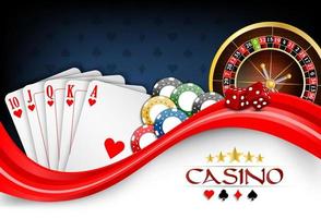 cartes de poker blanc rouge fond, jetons de casino et roue de roulette