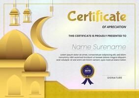 certificat avec fond de mosquée et motif islamique de couleur or blanc adapté au modèle de concept de ramadan