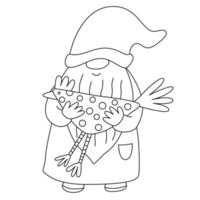 gnome drôle de pâques avec une poule. doodle illustration dessinée à la main contour noir. idéal pour les cartes de vœux, les livres à colorier. vecteur