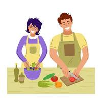 couple cuisine ensemble. cuisiner à la maison. illustration vectorielle.