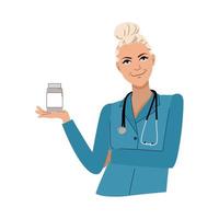 un médecin souriant tient un paquet de pilules. soins de santé. publicité des médicaments. illustration vectorielle. vecteur