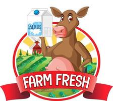 vache de dessin animé avec étiquette fraîche de la ferme vecteur