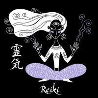 guérison reiki. une fille en position du lotus dirige une séance de reiki. vecteur. vecteur