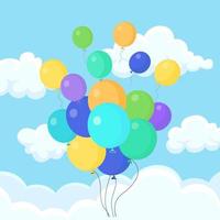 bouquet de ballon d'hélium, boules d'air volant dans le ciel. joyeux anniversaire, concept de vacances. décoration de fête. conception de dessin animé de vecteur
