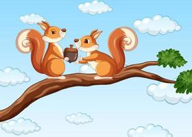 deux écureuils sur une branche en bois vecteur