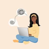 concept de consultation en ligne avec un psychothérapeute. jeune femme afro-américaine, ordinateur portable. illustration vectorielle en style cartoon. vecteur