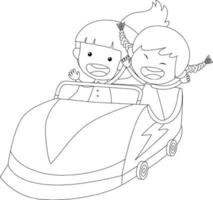 deux fille en voiture de course personnage doodle noir et blanc vecteur