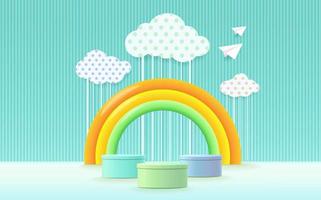 Podium de rendu 3d, arrière-plan pastel coloré, nuages et météo avec espace vide pour les produits pour enfants ou bébés vecteur
