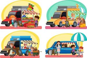 concept de marché aux puces avec ensemble de différents food trucks vecteur