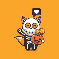 renard mignon avec costume de squelette tenant une citrouille d'halloween vecteur