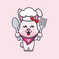 personnage de dessin animé mignon lapin chef mascotte tenant une cuillère et une fourchette vecteur
