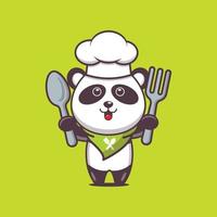 personnage de dessin animé mignon panda chef mascotte tenant une cuillère et une fourchette vecteur