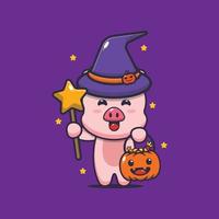 personnage de dessin animé mignon cochon avec costume de sorcière le jour d'halloween vecteur
