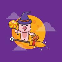personnage de dessin animé de cochon mignon voler avec un balai dans la nuit d'halloween vecteur