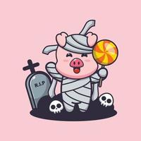 cochon mignon avec costume de momie tenant des bonbons d'halloween vecteur