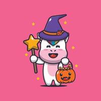 personnage de dessin animé mignon licorne avec costume de sorcière le jour d'halloween vecteur