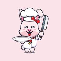 personnage de dessin animé mignon lapin chef mascotte avec couteau et assiette vecteur