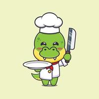 personnage de dessin animé de mascotte de chef dino mignon avec couteau et assiette vecteur