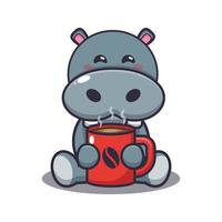 hippopotame mignon avec illustration vectorielle de dessin animé de café chaud vecteur