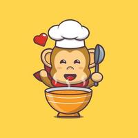 personnage de dessin animé mignon singe chef mascotte avec soupe vecteur