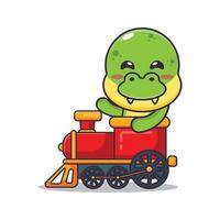 personnage de dessin animé mignon dino mascotte monter dans le train vecteur