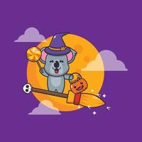 personnage de dessin animé mignon koala voler avec un balai dans la nuit d'halloween vecteur