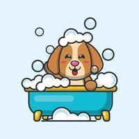 chien mignon prenant un bain moussant dans l'illustration vectorielle de dessin animé de baignoire. vecteur