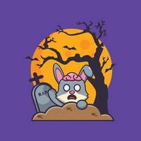 mignon lapin zombie monte du cimetière le jour de l'halloween vecteur