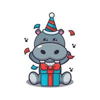 hippopotame mignon en illustration vectorielle de dessin animé de fête d'anniversaire vecteur