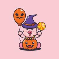 cochon mignon portant un chapeau de sorcière tenant un ballon d'halloween et des bonbons vecteur