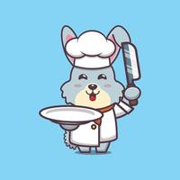 personnage de dessin animé mignon lapin chef mascotte avec couteau et assiette vecteur