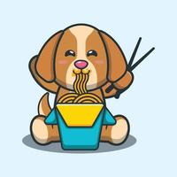 chien mignon mangeant une illustration vectorielle de dessin animé de nouilles. vecteur