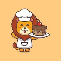 mignon, lion, chef, mascotte, dessin animé, caractère, à, gâteau vecteur