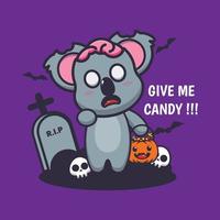 personnage de dessin animé mignon koala zombie veut des bonbons vecteur