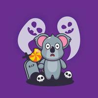 personnage de dessin animé mignon koala effrayé par un fantôme le jour d'halloween