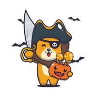 personnage de dessin animé mignon lion avec costume de pirates le jour d'halloween vecteur