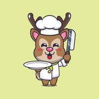 personnage de dessin animé de mascotte de chef de cerf mignon avec couteau et assiette vecteur