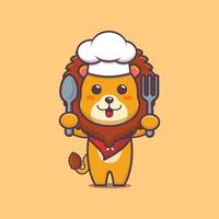 personnage de dessin animé mignon lion chef mascotte tenant une cuillère et une fourchette vecteur