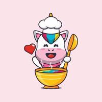 personnage de dessin animé de mascotte de chef licorne mignon avec soupe vecteur