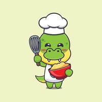 personnage de dessin animé de mascotte de chef dino mignon avec de la pâte à gâteau vecteur