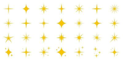 ensemble d'étoiles scintillantes dorées. icônes flash scintillantes brillantes. symbole d'effet scintillant. feu d'artifice de lueur d'éclat d'or. icône brillante de brillance magique. illustration vectorielle isolée. vecteur