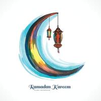 belle main dessiner aquarelle lune ramadan kareem carte fond vecteur