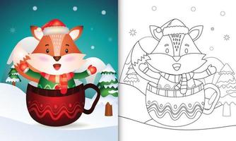 livre de coloriage avec un joli renard personnages de noël avec un bonnet de noel et une écharpe dans la tasse vecteur