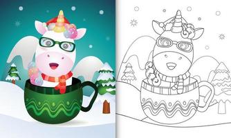 livre de coloriage avec une jolie licorne personnages de noël avec un bonnet de noel et une écharpe dans la tasse vecteur