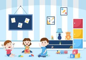 enfants mignons jouant avec divers jouets à la maternelle en illustration de style dessin animé plat. intérieur de la salle de jeux pour s'amuser et jouer vecteur
