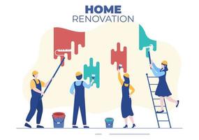 rénovation ou réparation de la maison avec des outils de construction, pose de carreaux de sol et peinture murale en bon état de décoration sur fond plat illustration vecteur