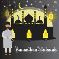 accueillez le mois de ramadan avec le fond de la mosquée et les étoiles de la lune vecteur