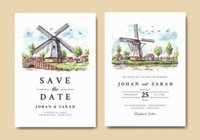invitation de mariage aquarelle de paysage naturel avec moulin à vent et maison vecteur