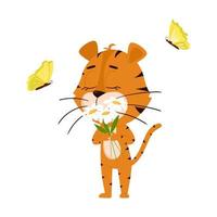 le tigre renifle les marguerites, les papillons volent un personnage de dessin animé mignon. le tigre est le symbole de l'année 2022. illustration vectorielle pour les enfants. isolé sur fond blanc vecteur