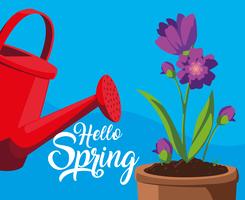 Bonjour la carte de printemps avec des fleurs pourpres et un pot en plastique d&#39;arrosage vecteur
